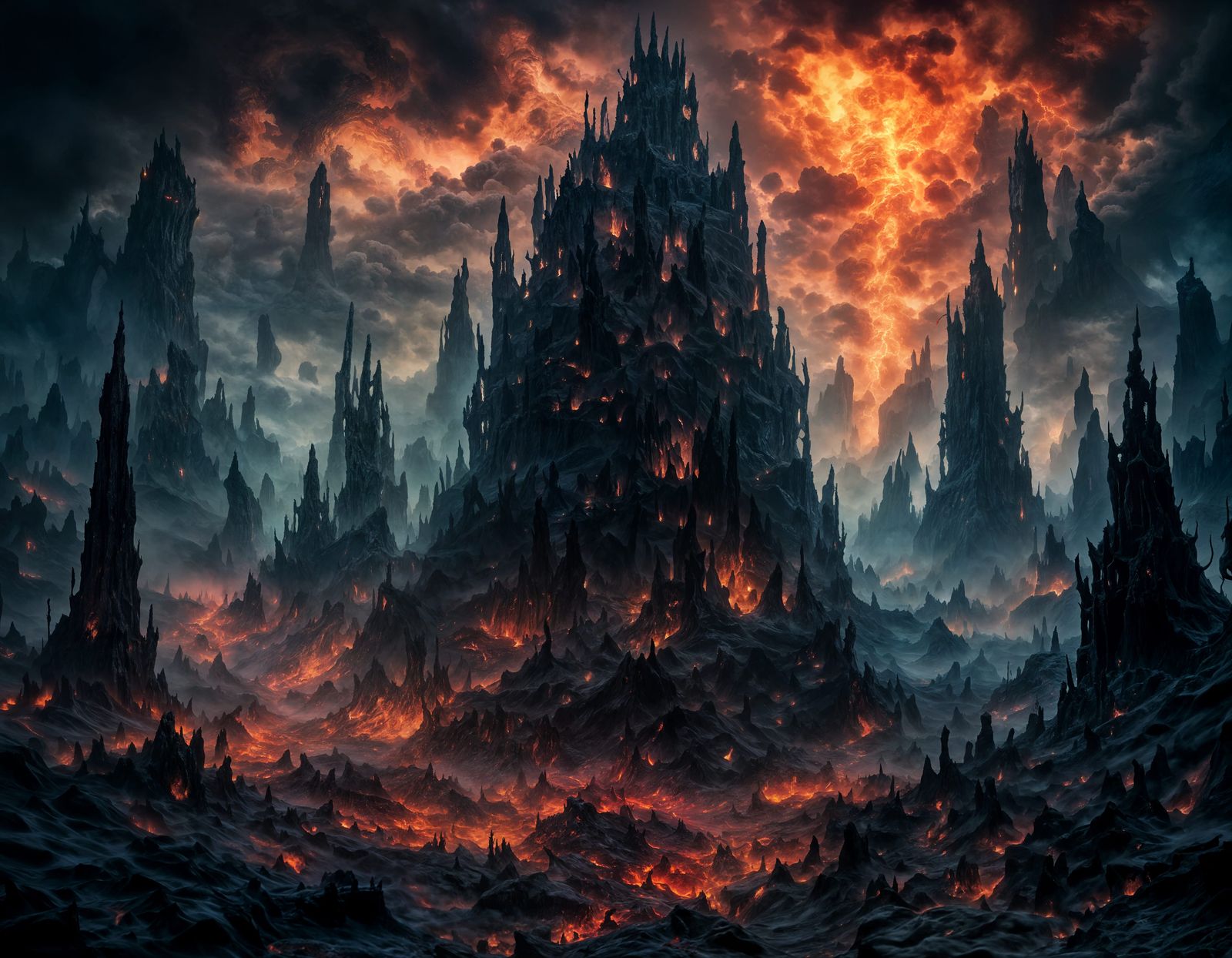 Infernal Landscape with Lava Rivers and Blackened Cliffs