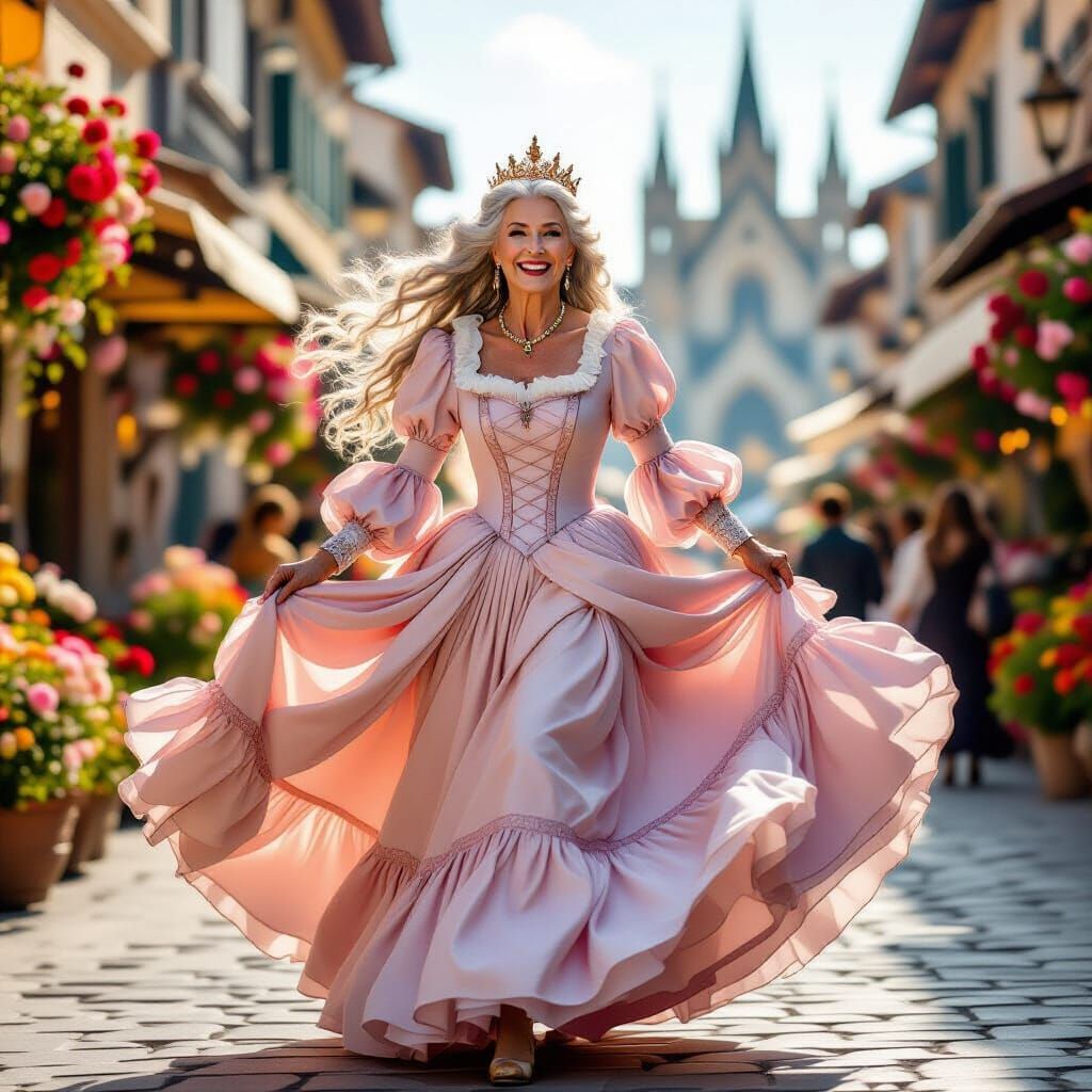 Queen in Pink Gown Runs Through Medieval Market