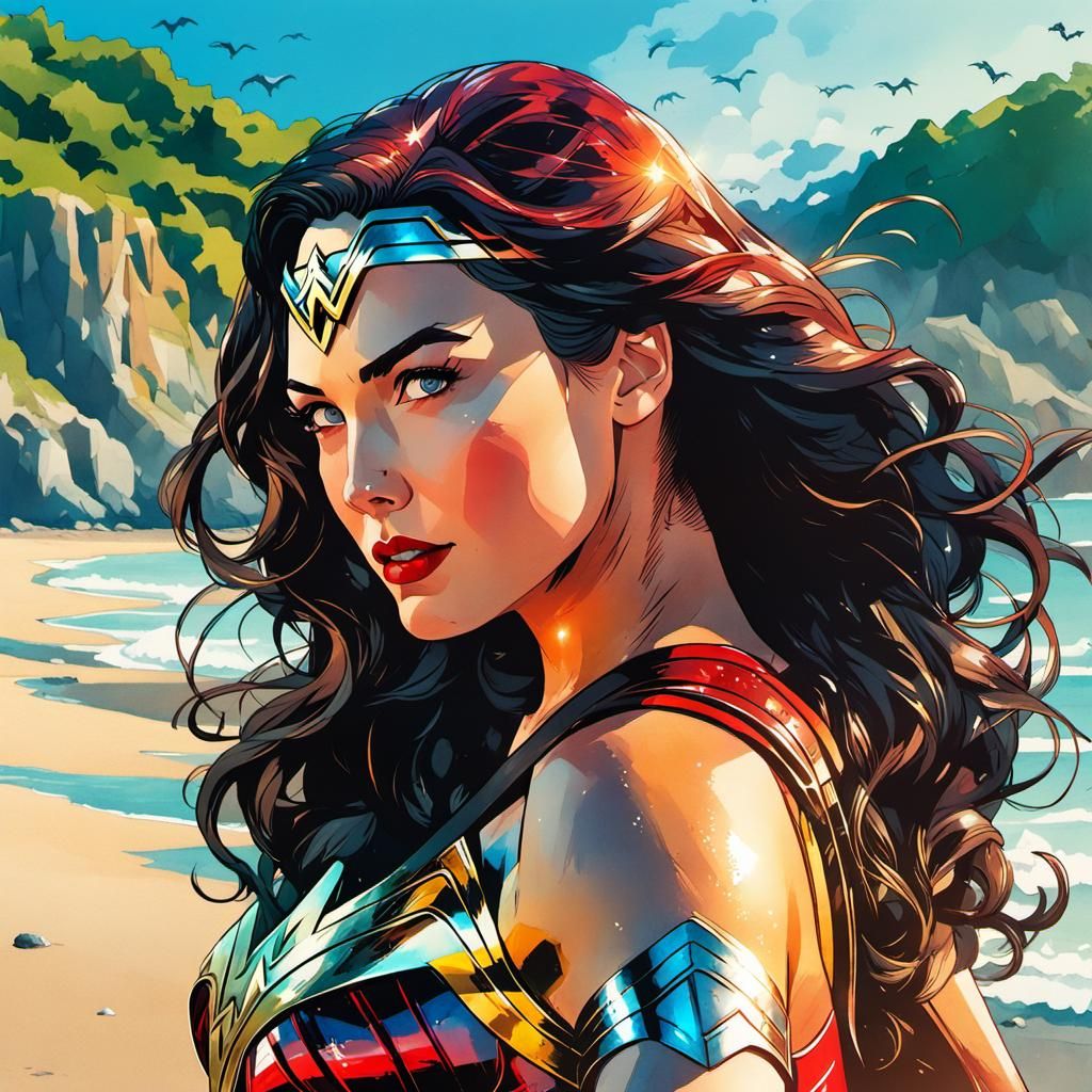 Black Widow and Wonder Woman Beach Selfies: Watercolor Art