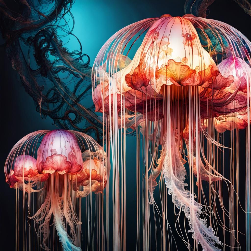 Luminous Rococo Jellyfish Line Art Installation
