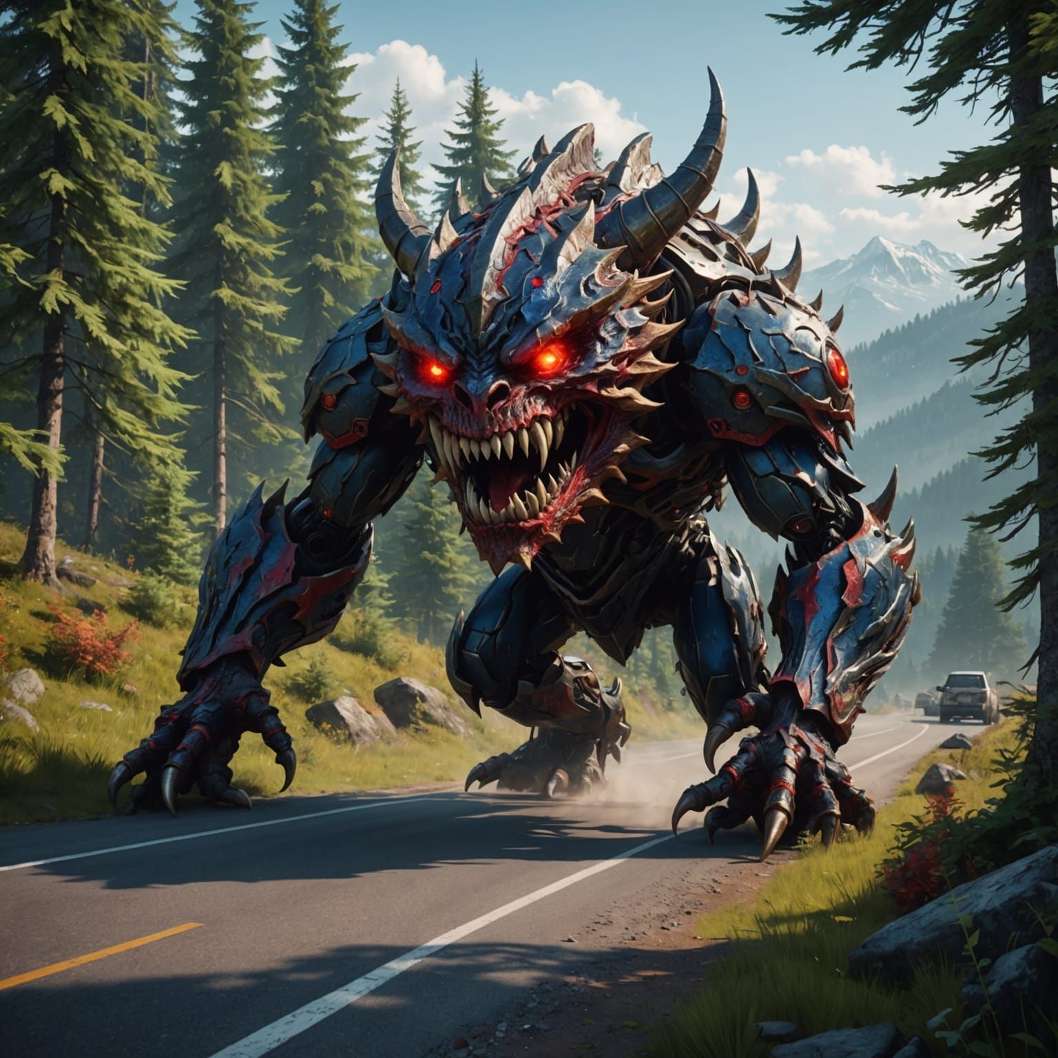 Red-Eyed Monster Self-Driving on a Country Road