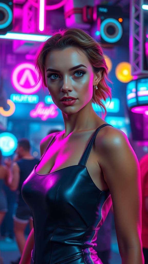 Futuristic Woman in Neon Club, Hyperrealistic Style