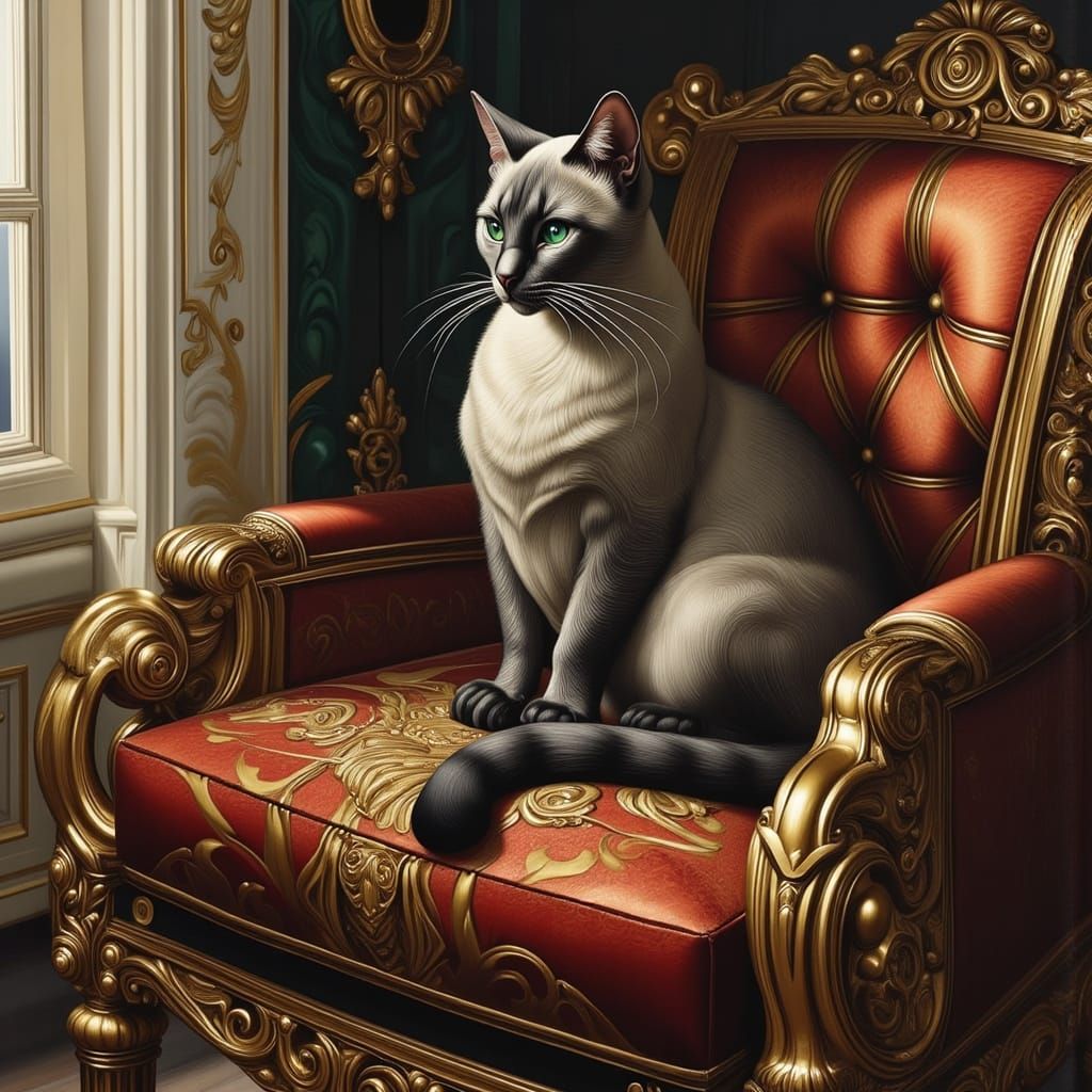 Siamese Cat on Velvet Armchair in Sunlight