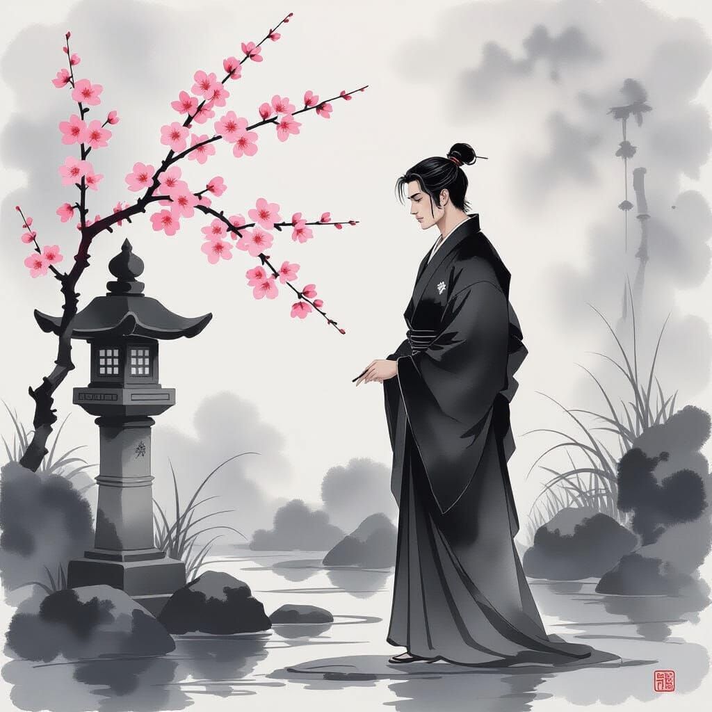 Gay Man Contemplating Cherry Blossom in Japanese Garden