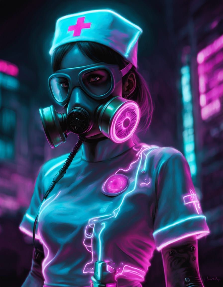 Cyberpunk Nurse in Dystopian Vaporwave Glitchscape