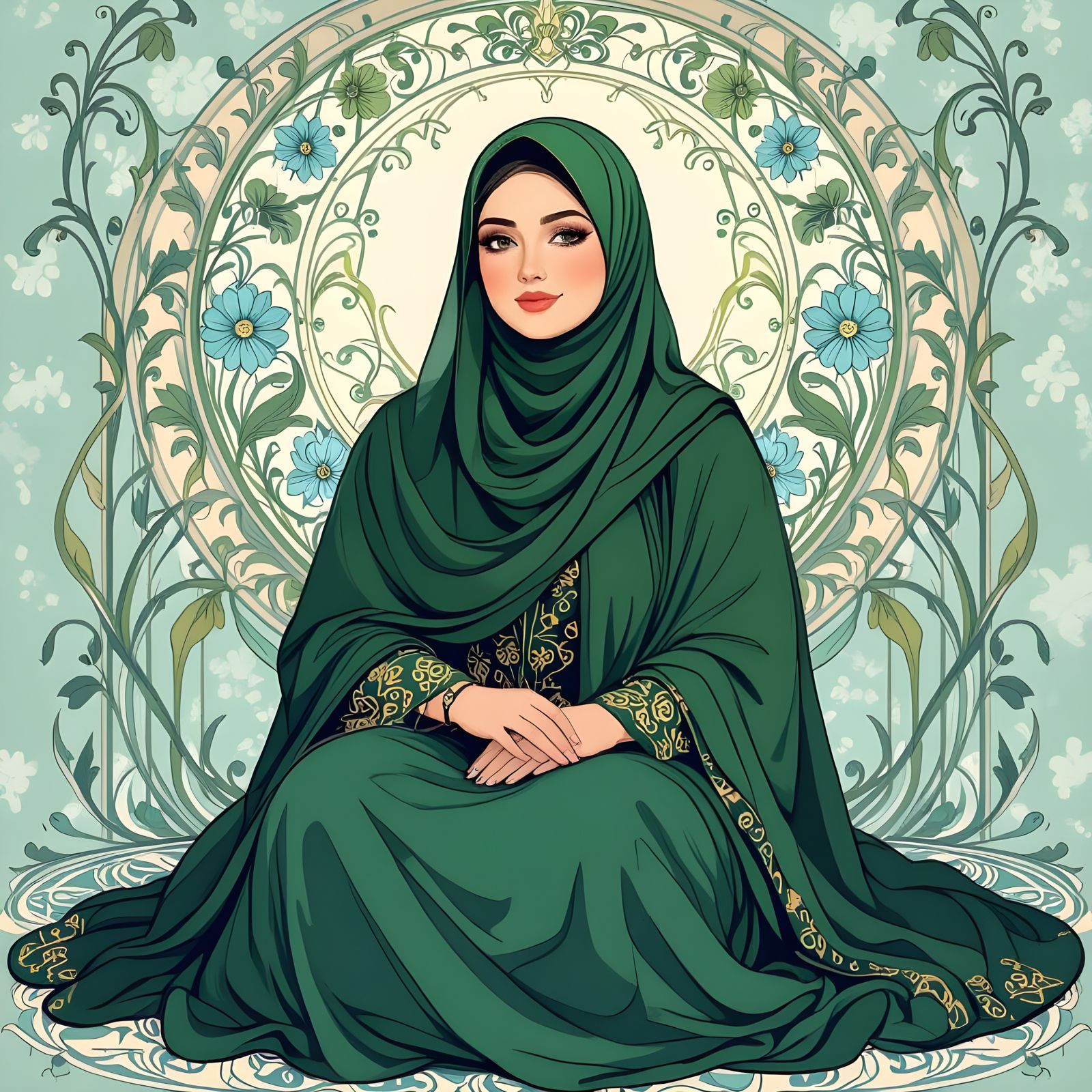 Woman in Hijab, Art Nouveau Floral Style