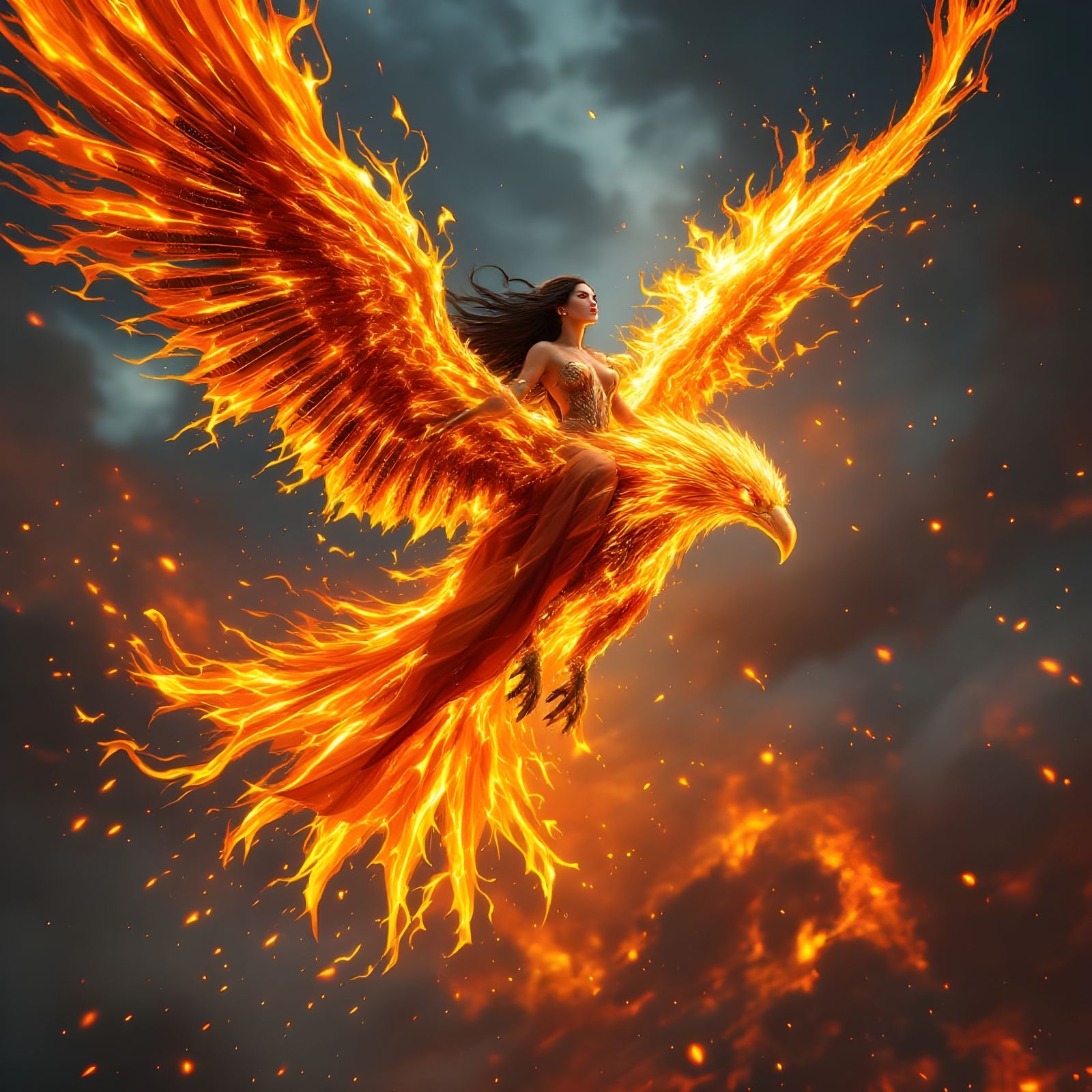 Woman Rides Fire Eagle: Detailed Matte Painting