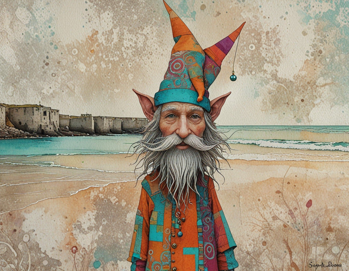 Whimsical Beachside Elf in Vibrant Colors