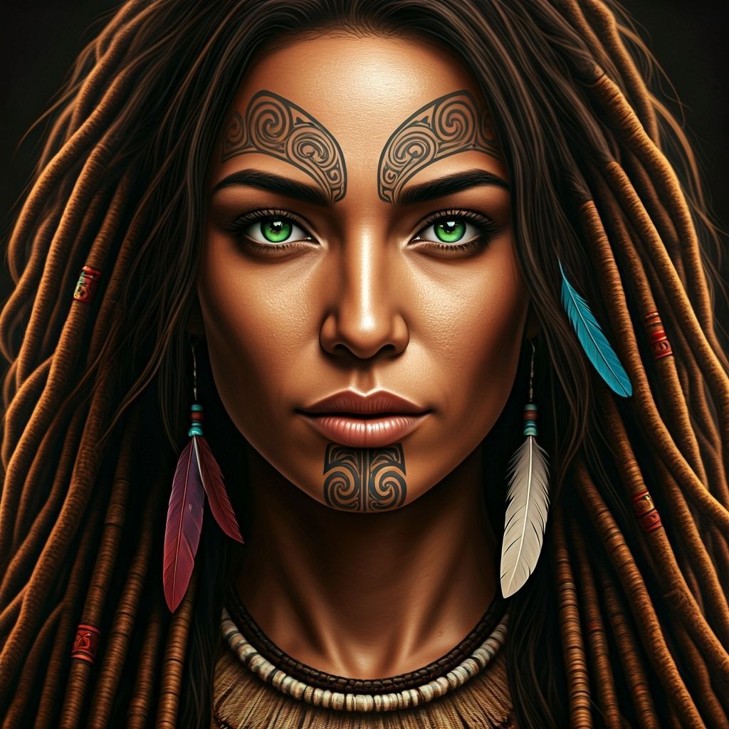 Maori Woman Portrait with Koru Tattoo and Feathered Cloak
