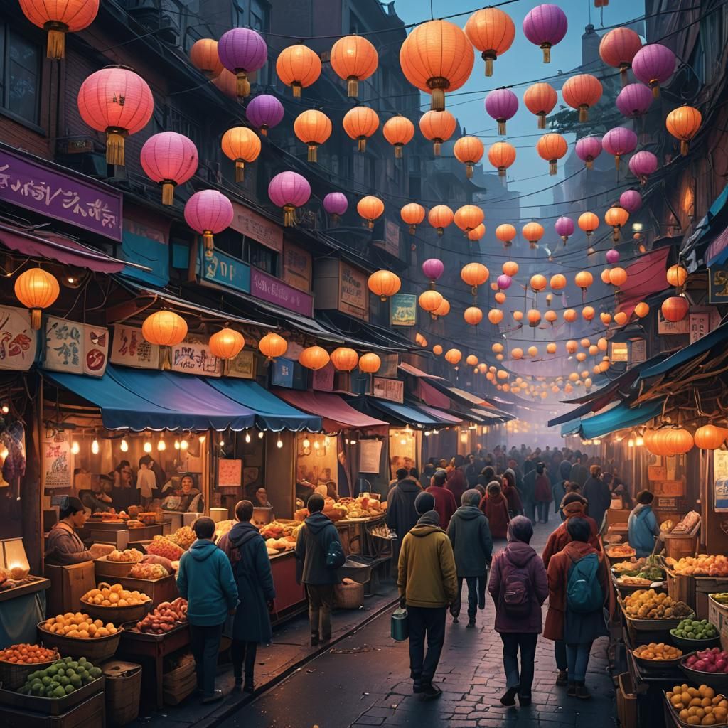 Global Street Food Market in Matte Painting Style