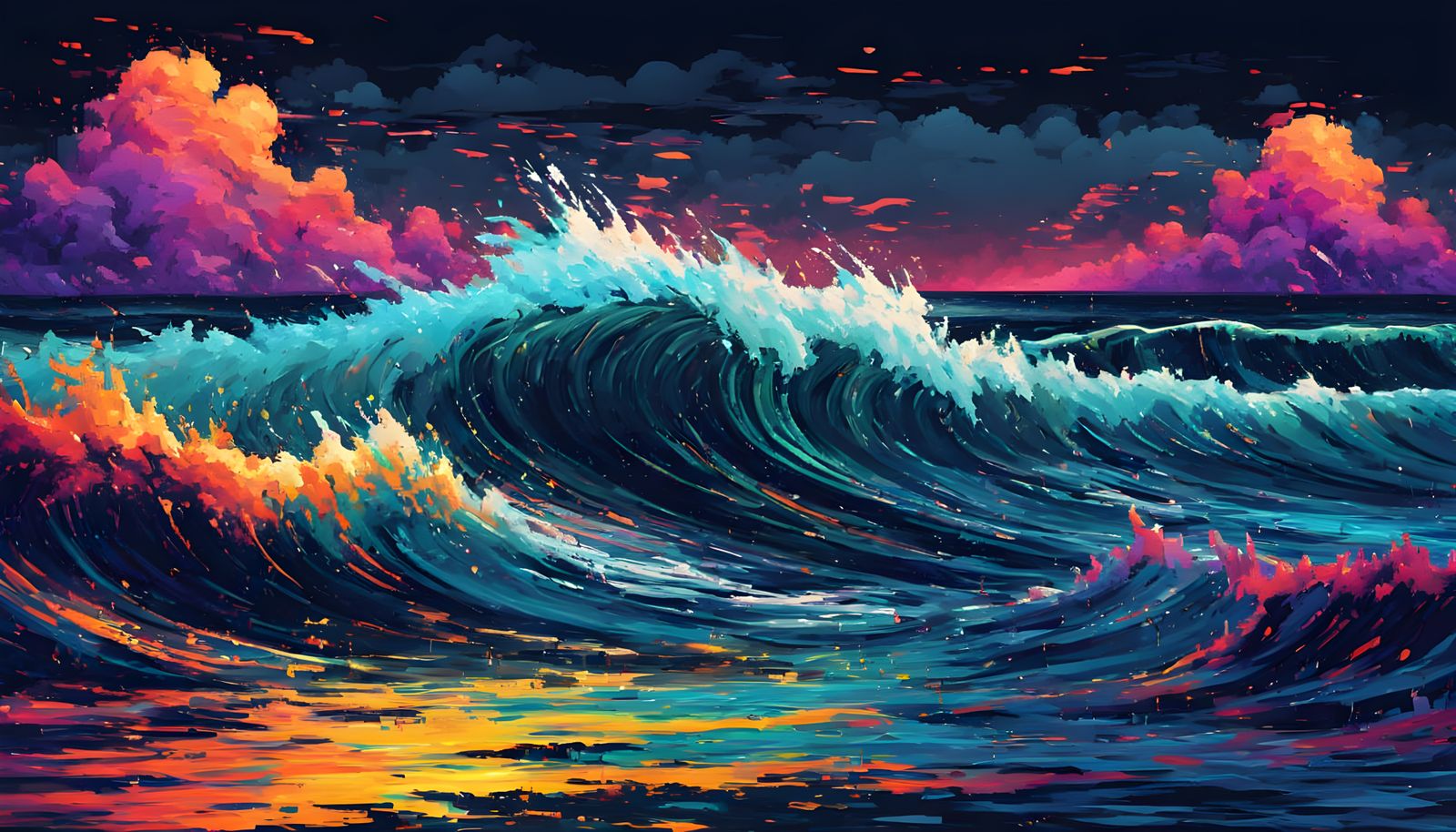 Vibrant Nighttime Sea in Distorted 8-Bit Glitch Art