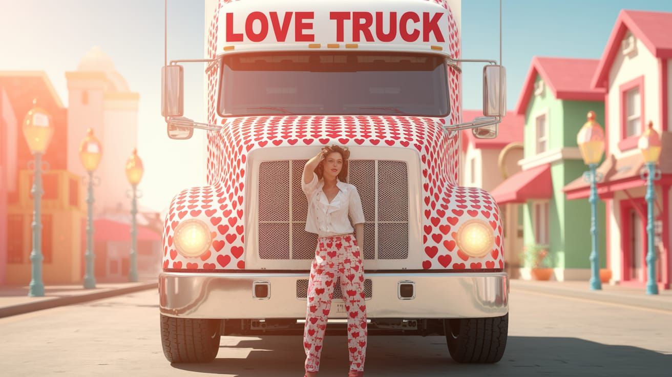 Whimsical Woman in Love Truck Scene, Vibrant Pastel Town
