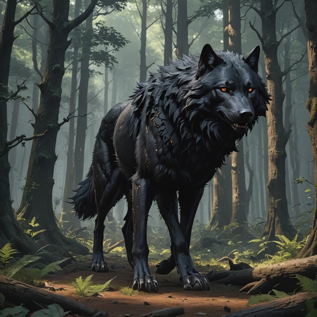 Black Wolf in Haunted Forest, 3D Anime Art