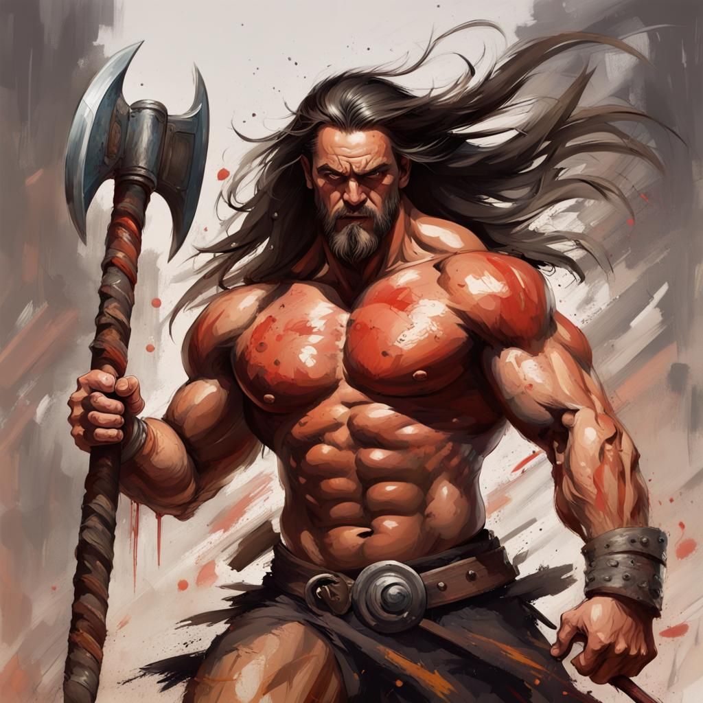 Barbarian Warrior Swinging Axe in Action Painting