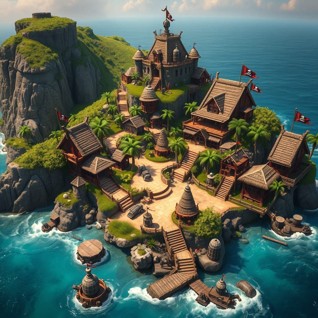 Pirate Haven on Tropical Island in Hyper-Realistic Digital A...