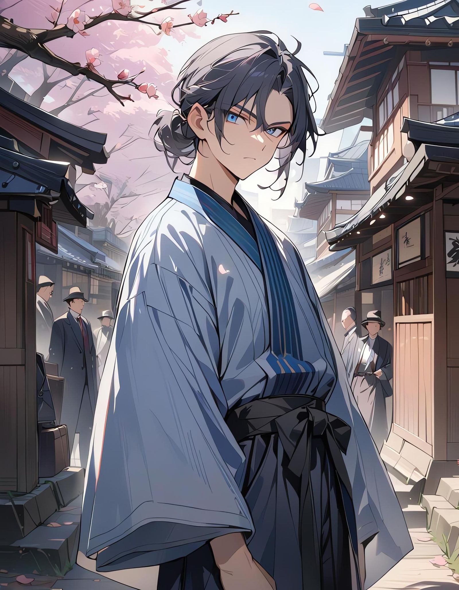 Serious Young Man in Kimono in 1900s City