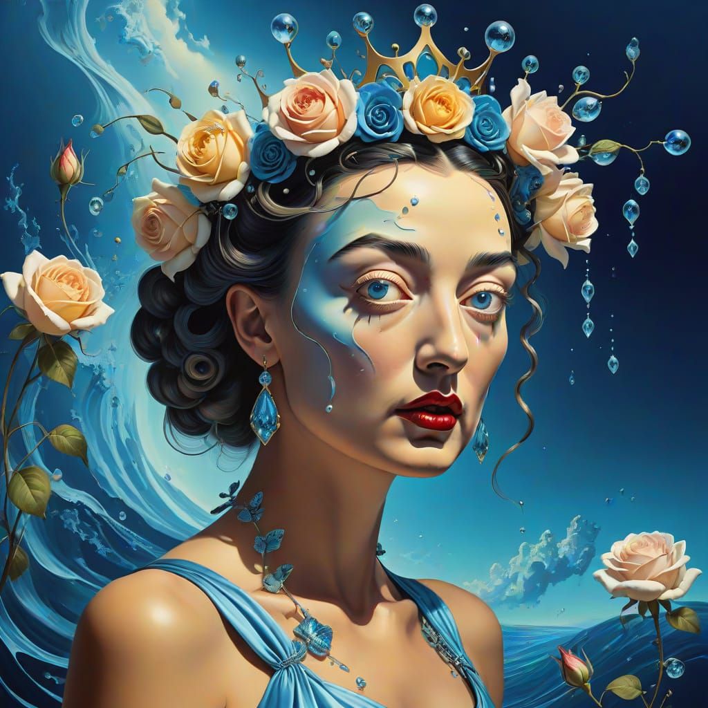 Surreal Fairy with Glowing Roses in a Shimmering Dark Blue D...