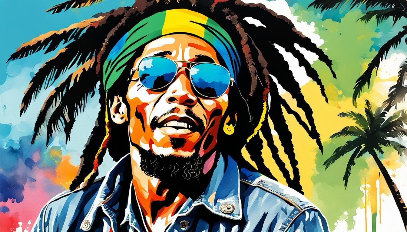 Bob Marley Portrait in Watercolor Pop Art Style