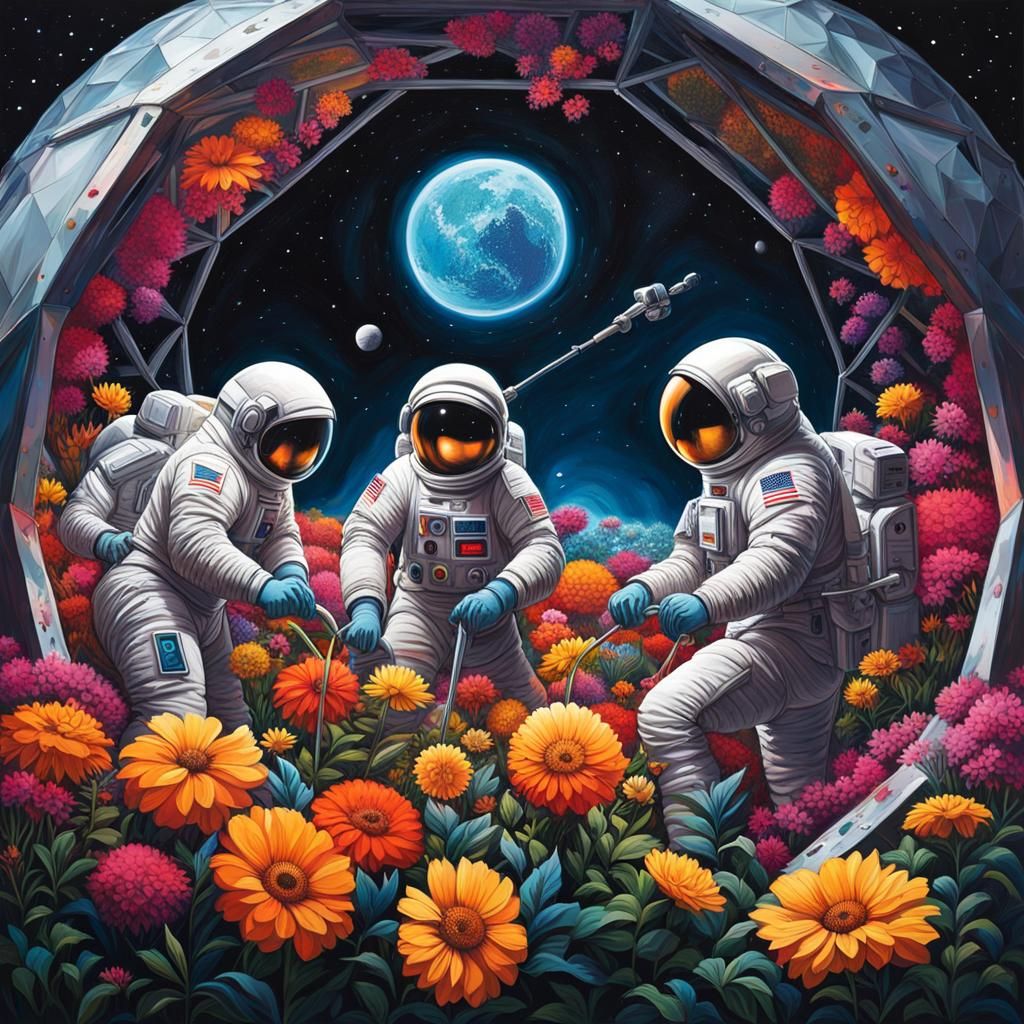 Lunar Gardeners: Astronauts in a Graffiti Art Style