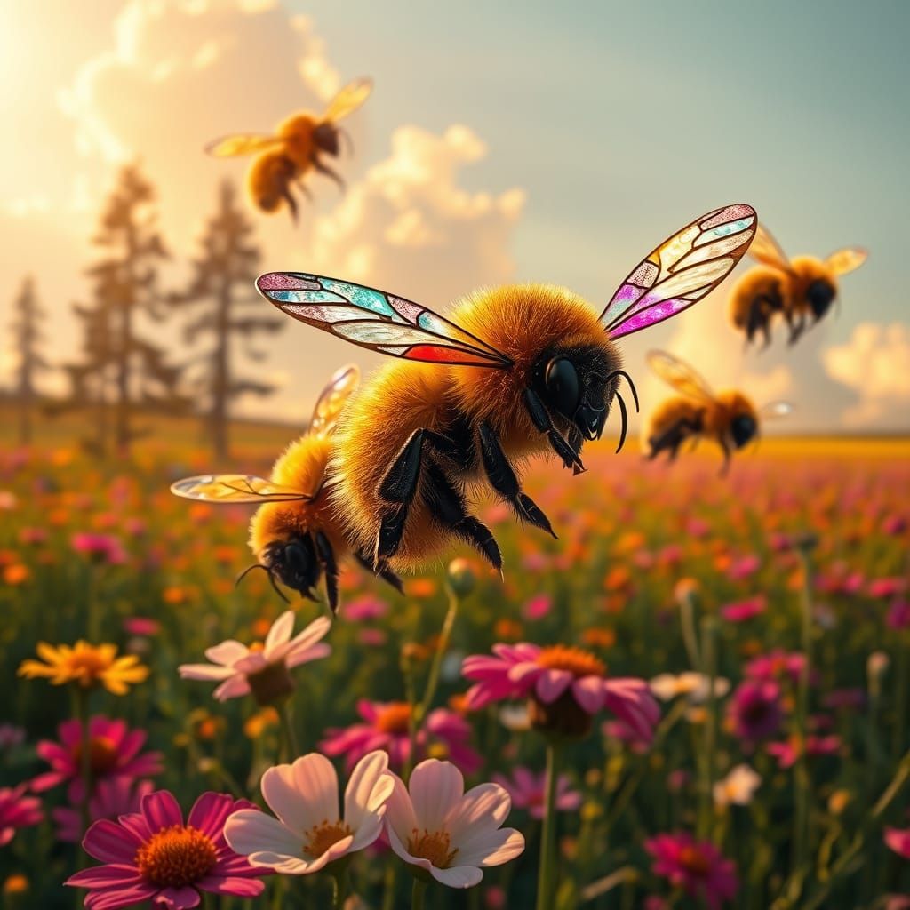 Bumblebees in Vibrant, Golden-Lit Flower Meadow