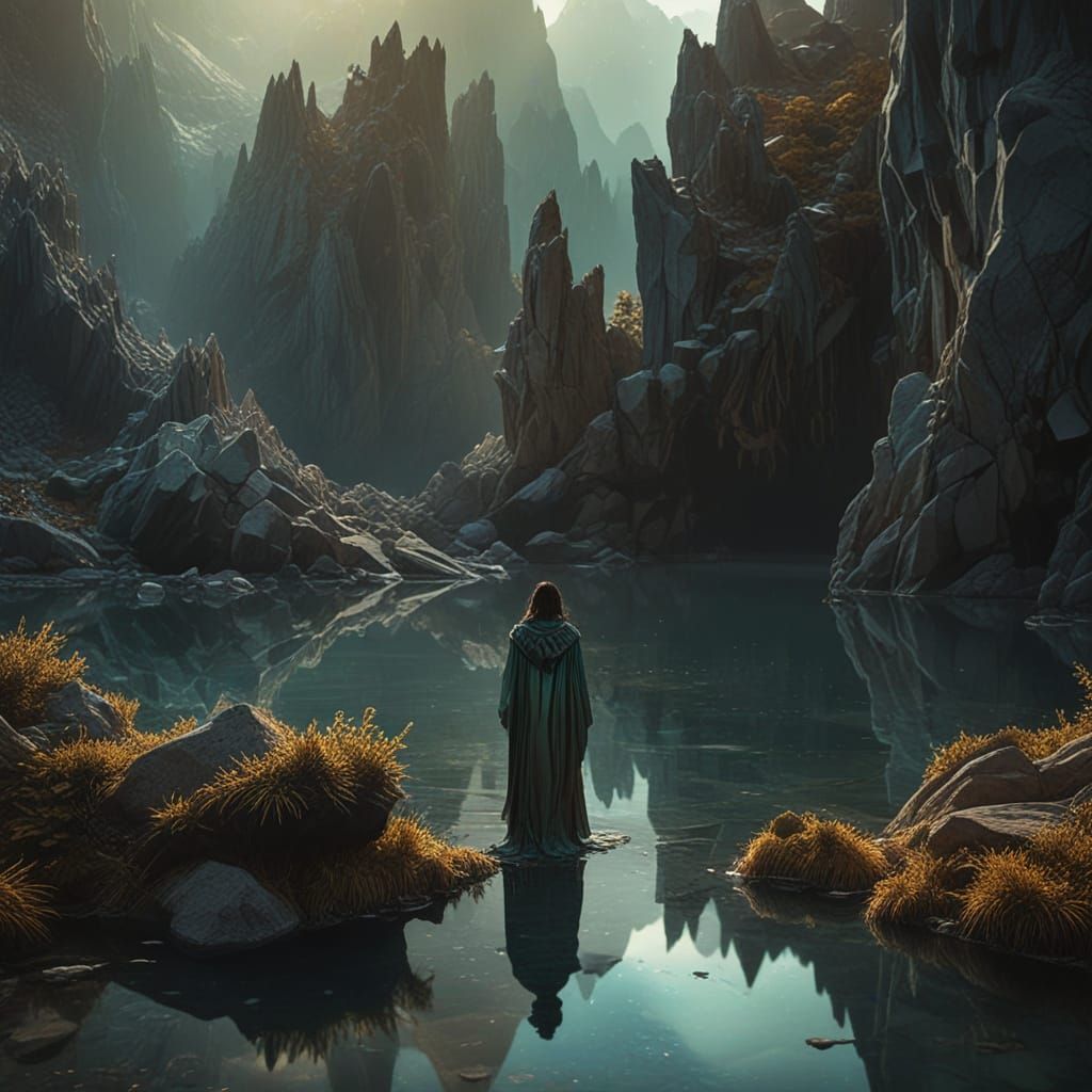 Majestic Woman in Iridescent Lake Landscape