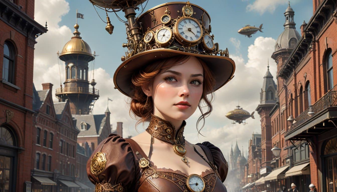 Steampunk Queen with Clockwork Hat in Victorian City