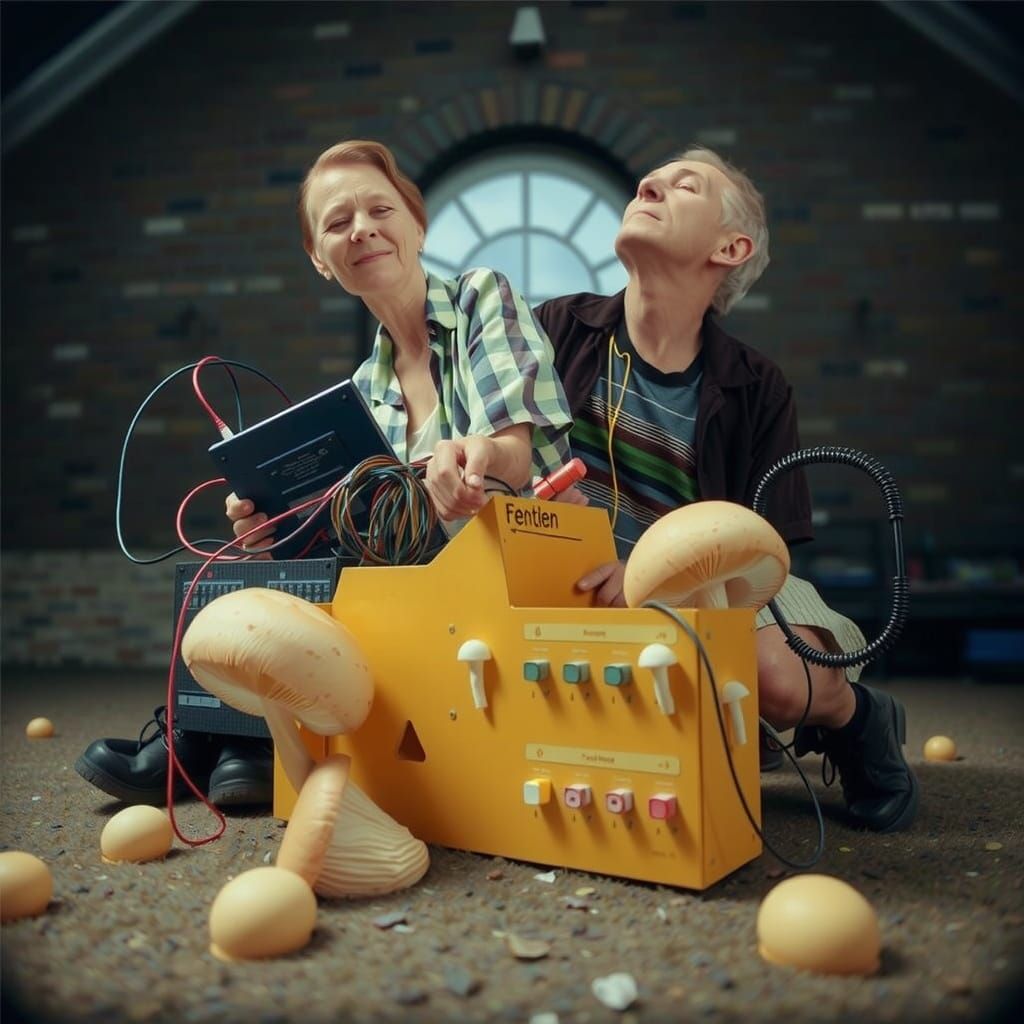 Surreal Theremin Players Repairing a Computer