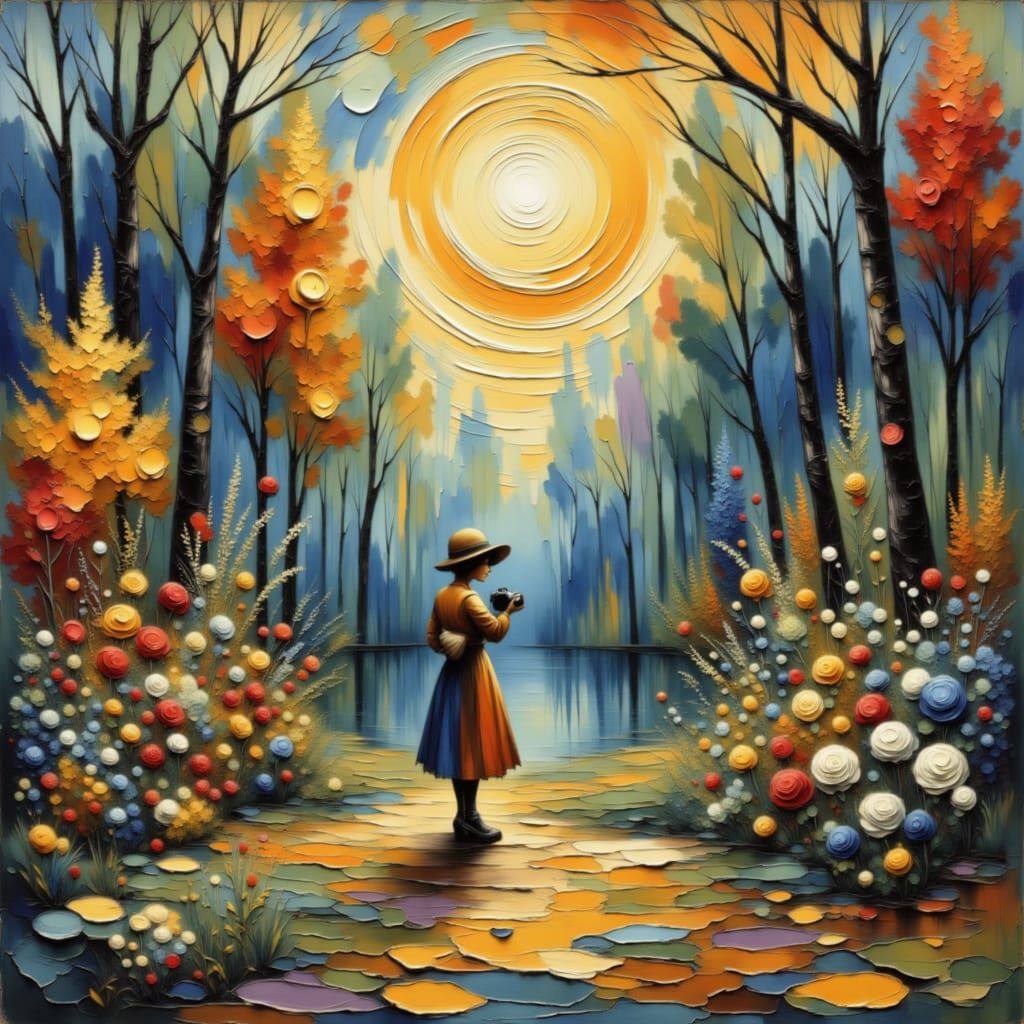 1930s Photographer in Vibrant Forest, Van Gogh Sky