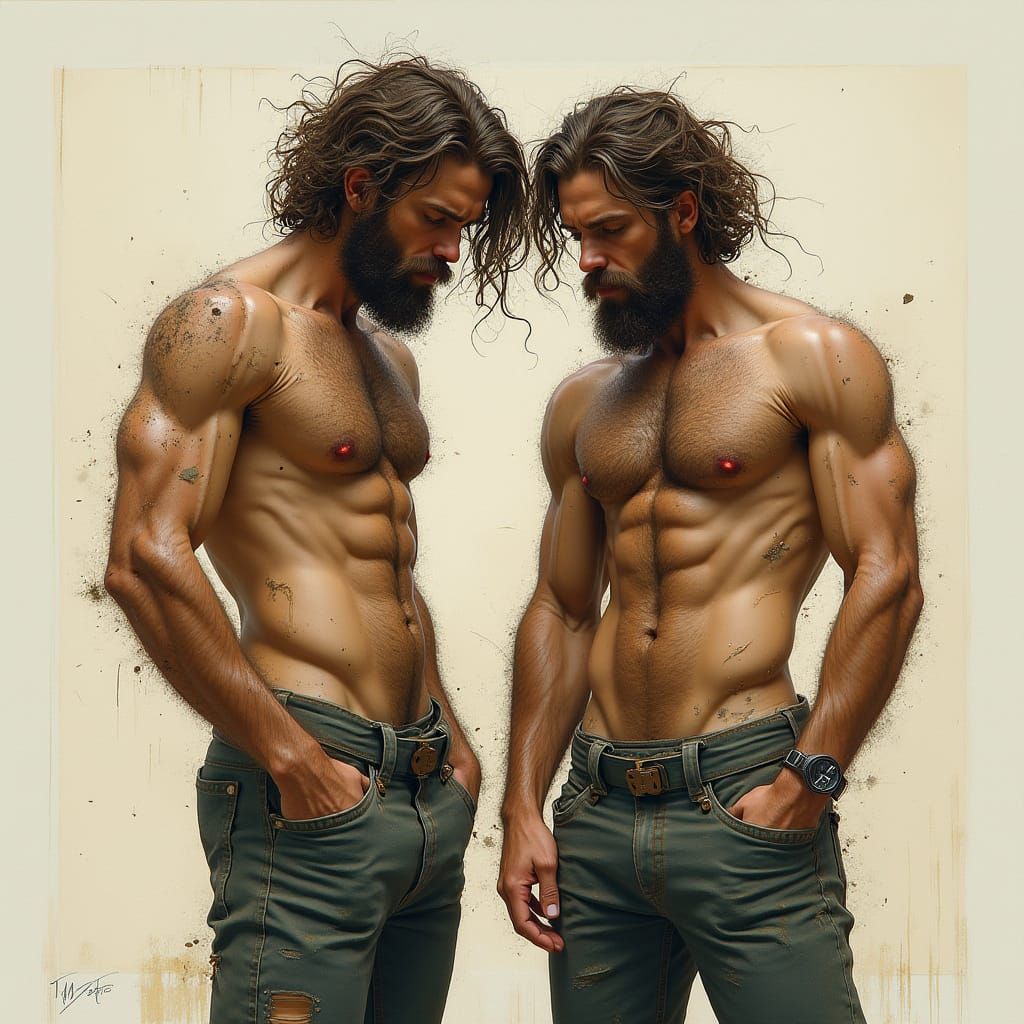 Hairy Muscular Men in Unbuttoned Pants Art