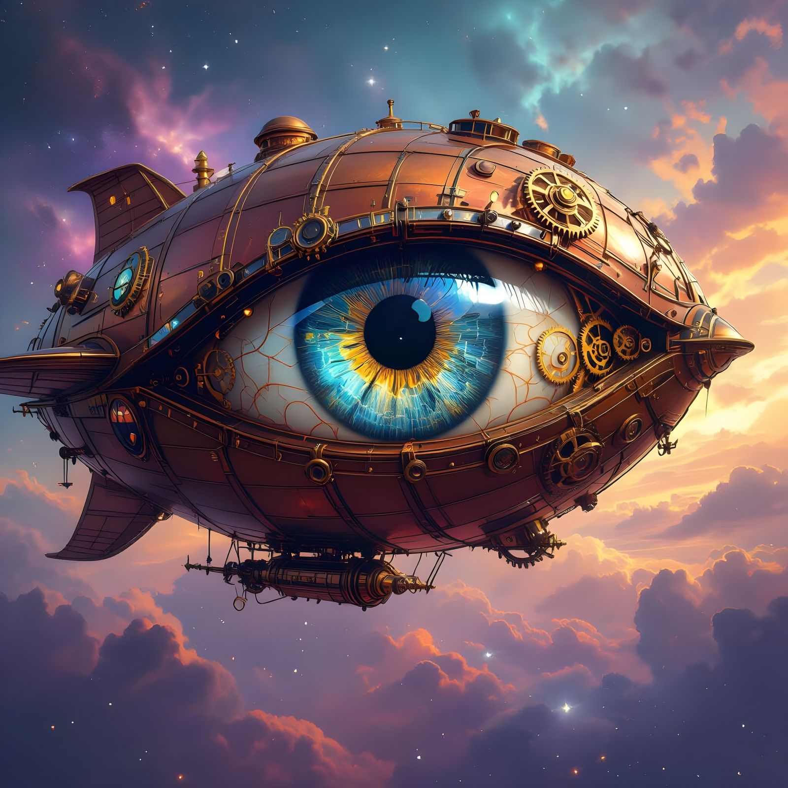 Steampunk Eye Airship Soaring Through Nebula