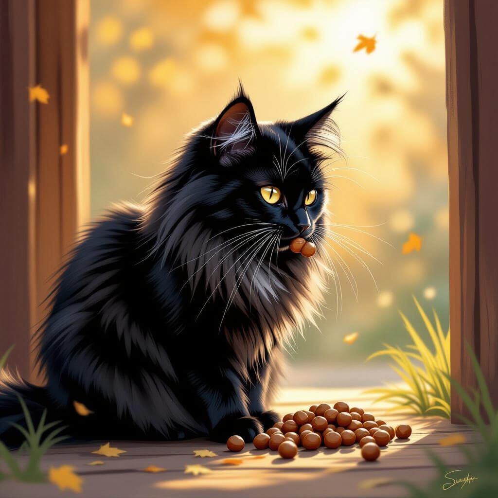 Black Longhair Cat Eating Hazelnuts, Digital Painting