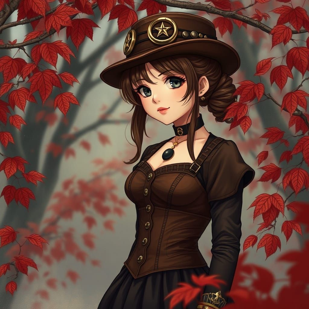 Steampunk Manga Girl in Autumn Landscape