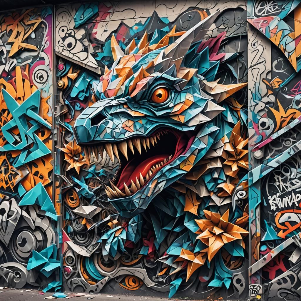 Hyperrealistic Origami Graffiti Street Art in HDR