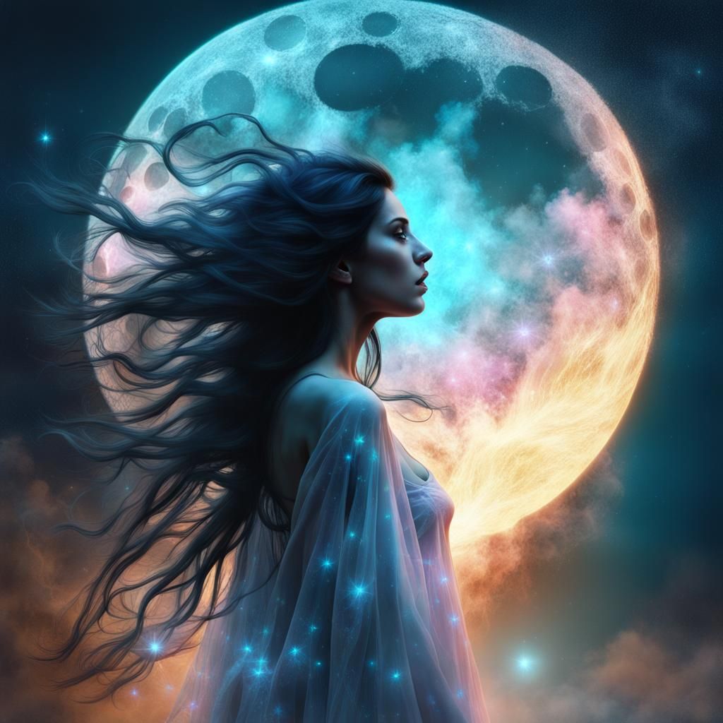 Ethereal Ghost Gazing at Moonlit Sky