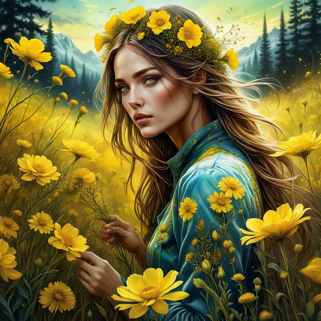 Girl Picking Flowers in a Psychedelic Meadow