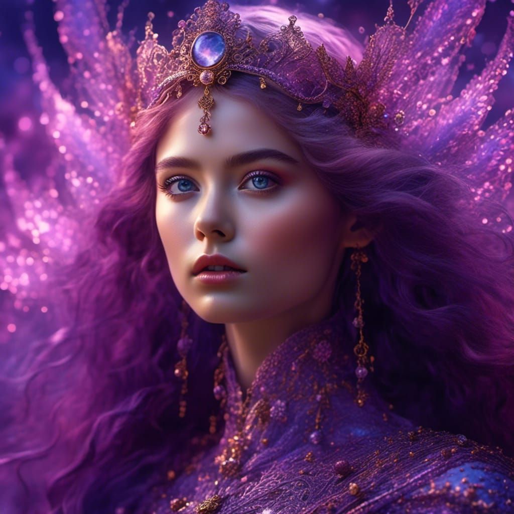 <lora:MakeItPretty:1.0> fantastic gorgeous beautiful face gimlet eyes very long hair women in violet color mist: beautif...