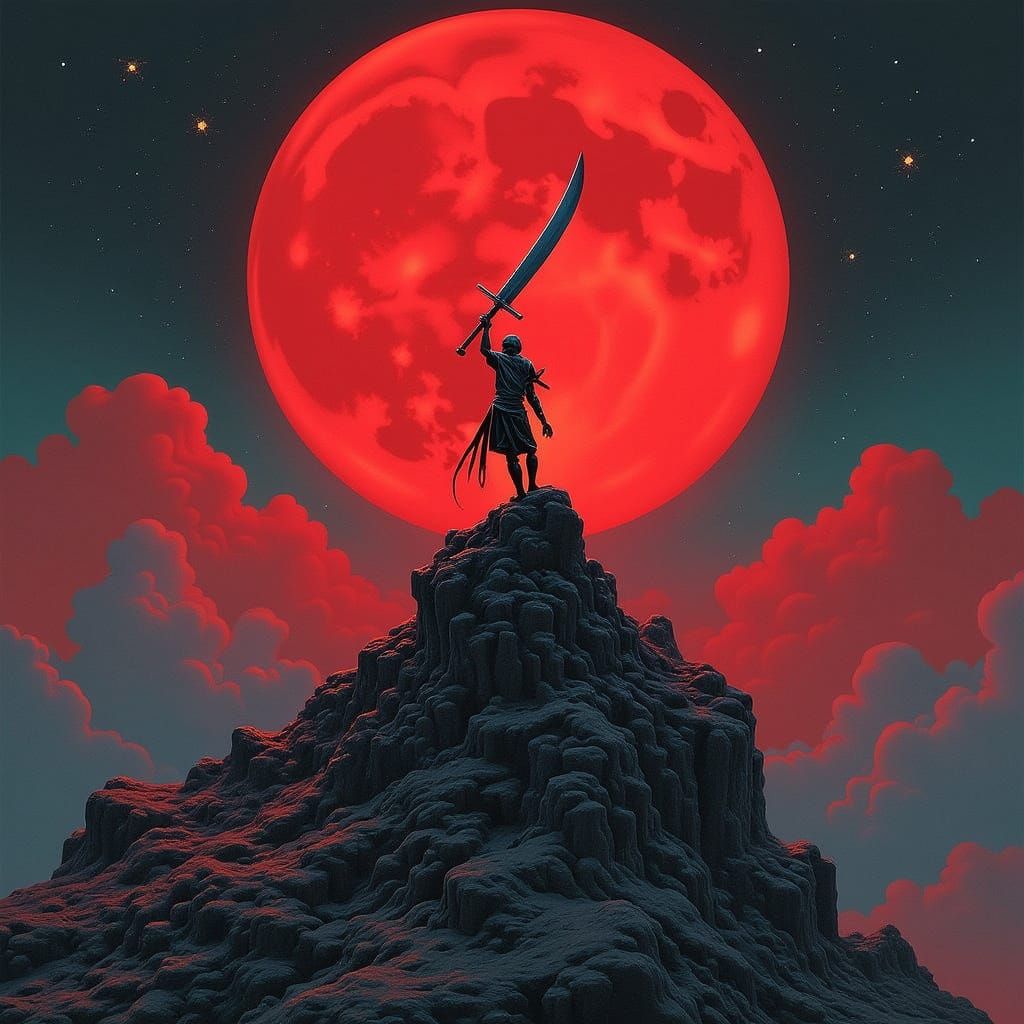 Surreal Blood Moon Warrior in a Dreamlike, Frazetta-Inspired...
