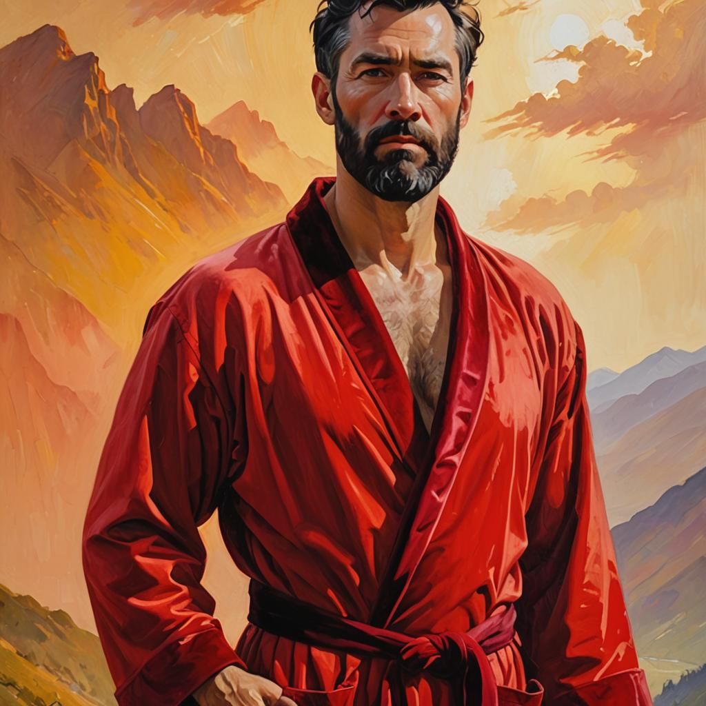 Bearded Man in Red Robe: Impressionist Oil Painting