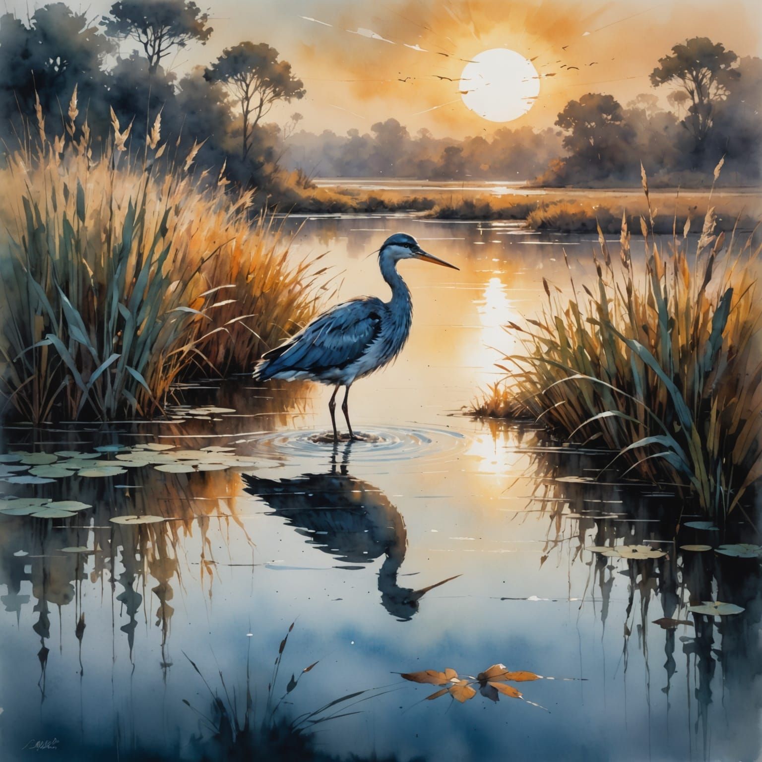 Water Bird at Lake in Haenraets and Griffiths Style