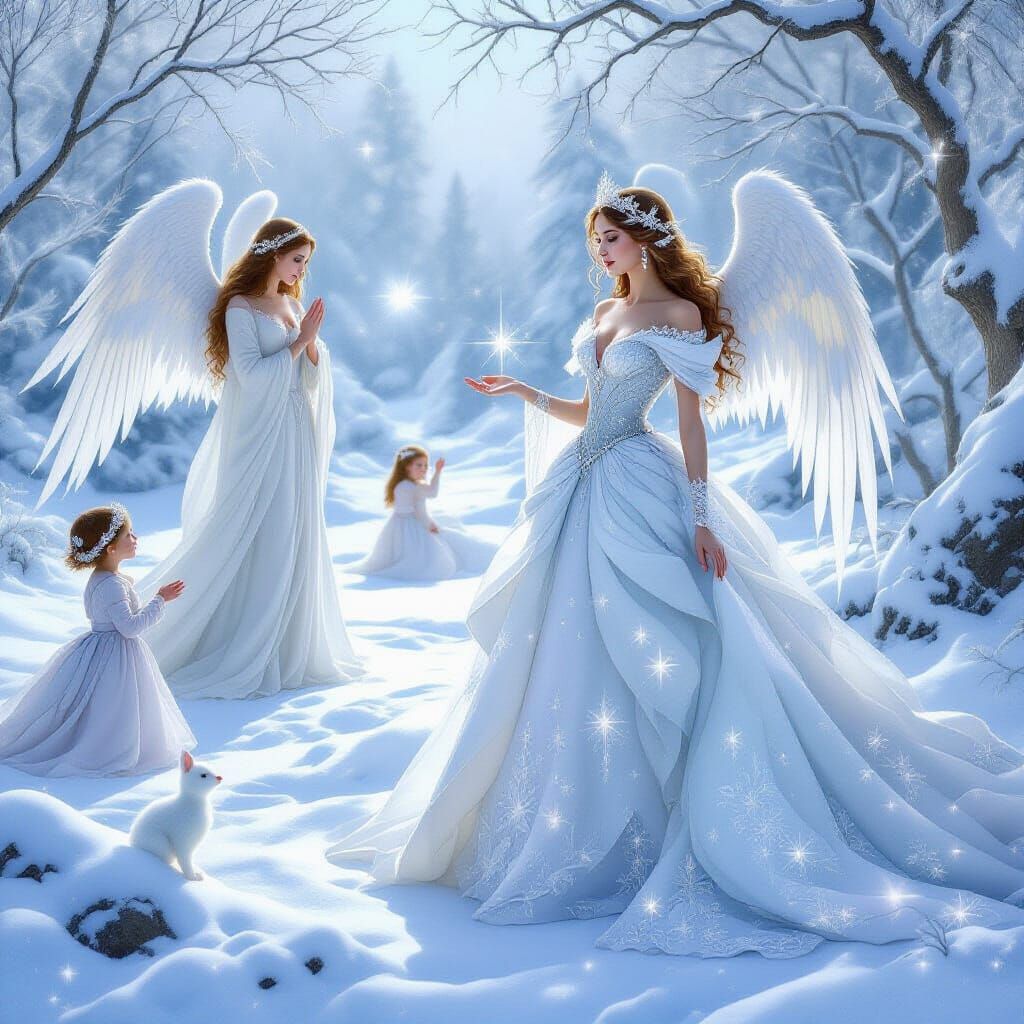 Snow Princess with Guardian Angel in Enchanted Winter Scene