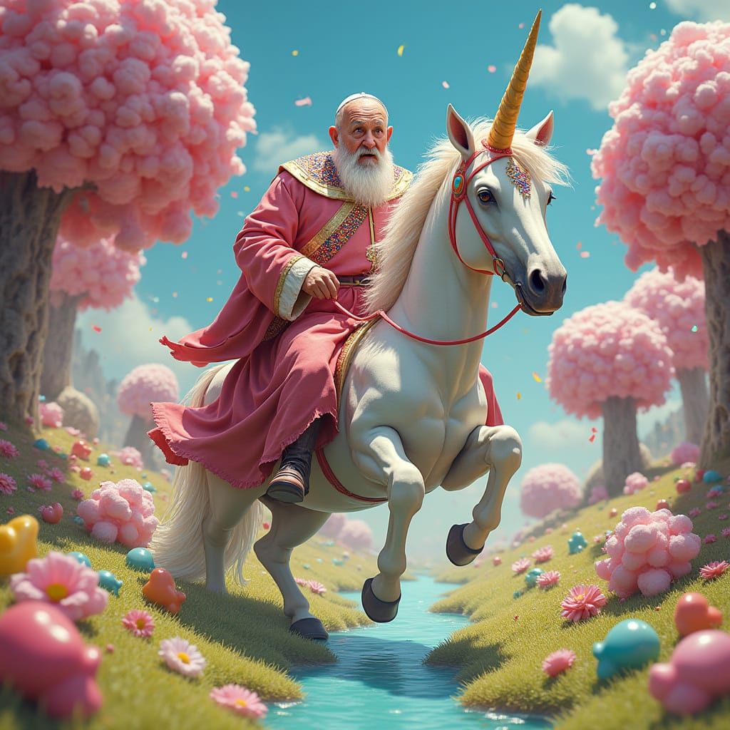 Pope's Candy Land Unicorn Ride: Hyperrealistic Art