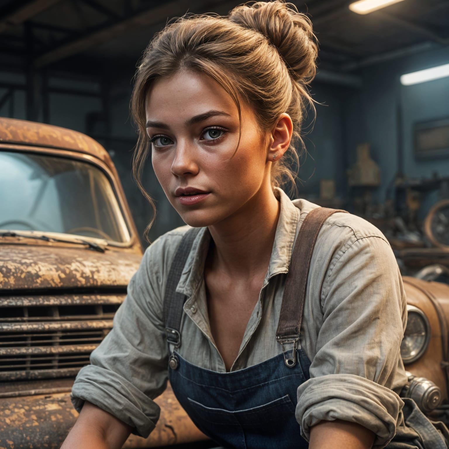 Female Mechanic Works on Vintage Car in 3D Shading