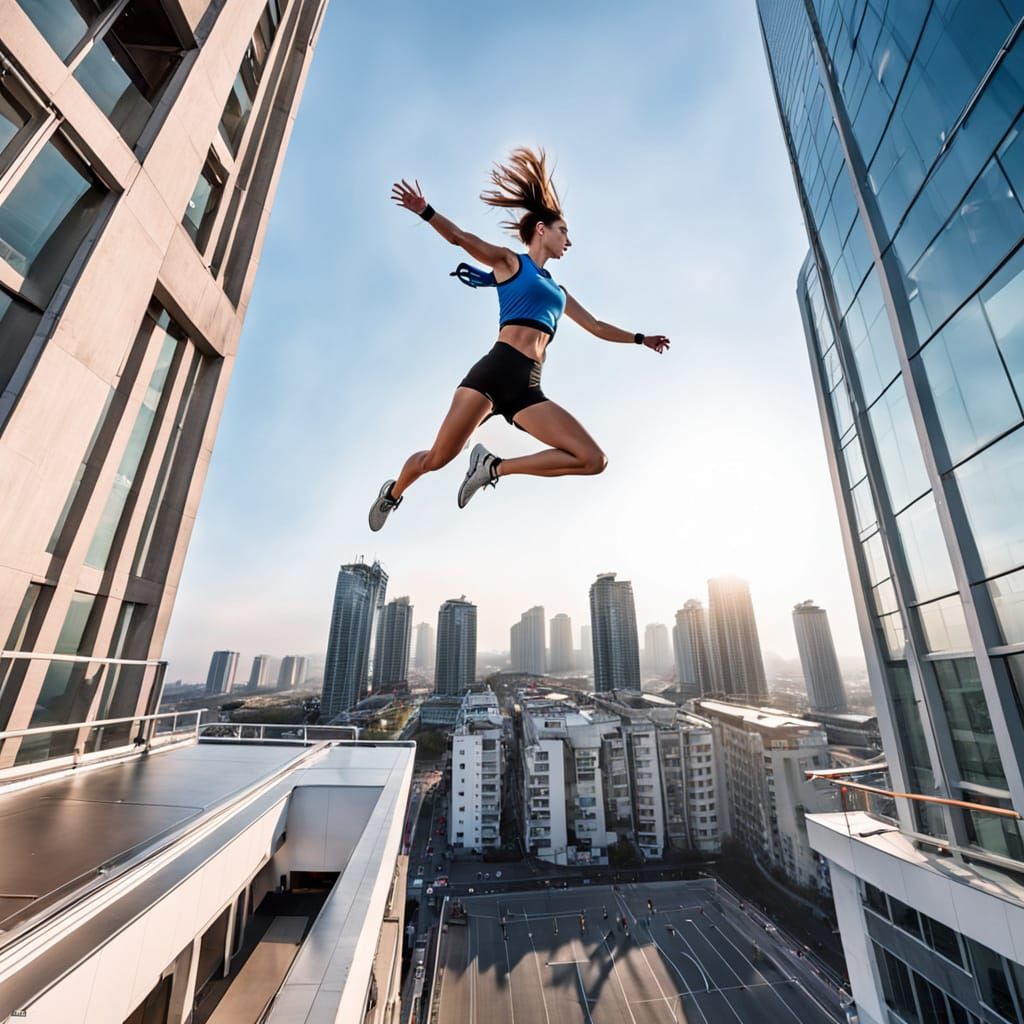 Daring Sporty Girl Leaps Across High-Rise Roofs in Dynamic A...