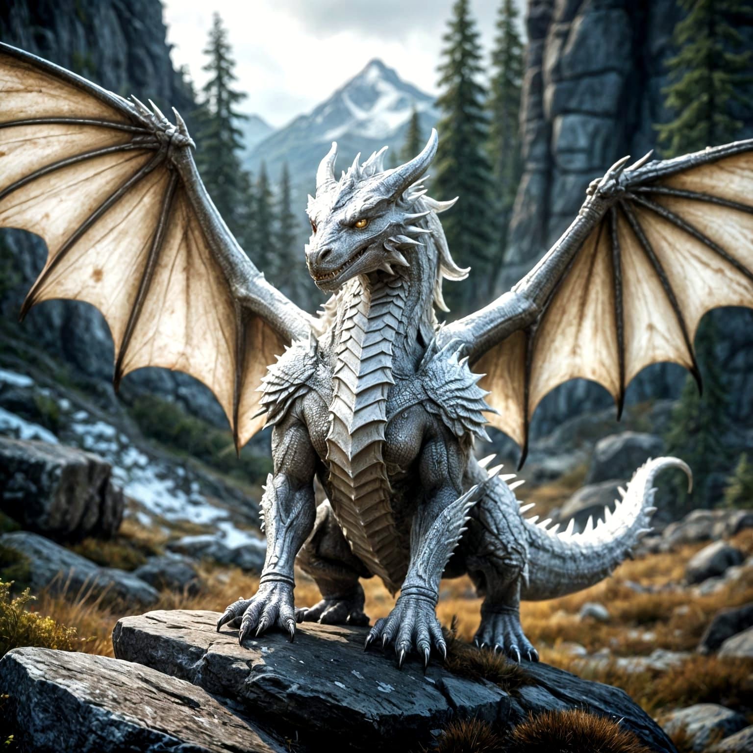 Majestic Skyrim-Inspired White Dragon Soars with Fierce Wing...