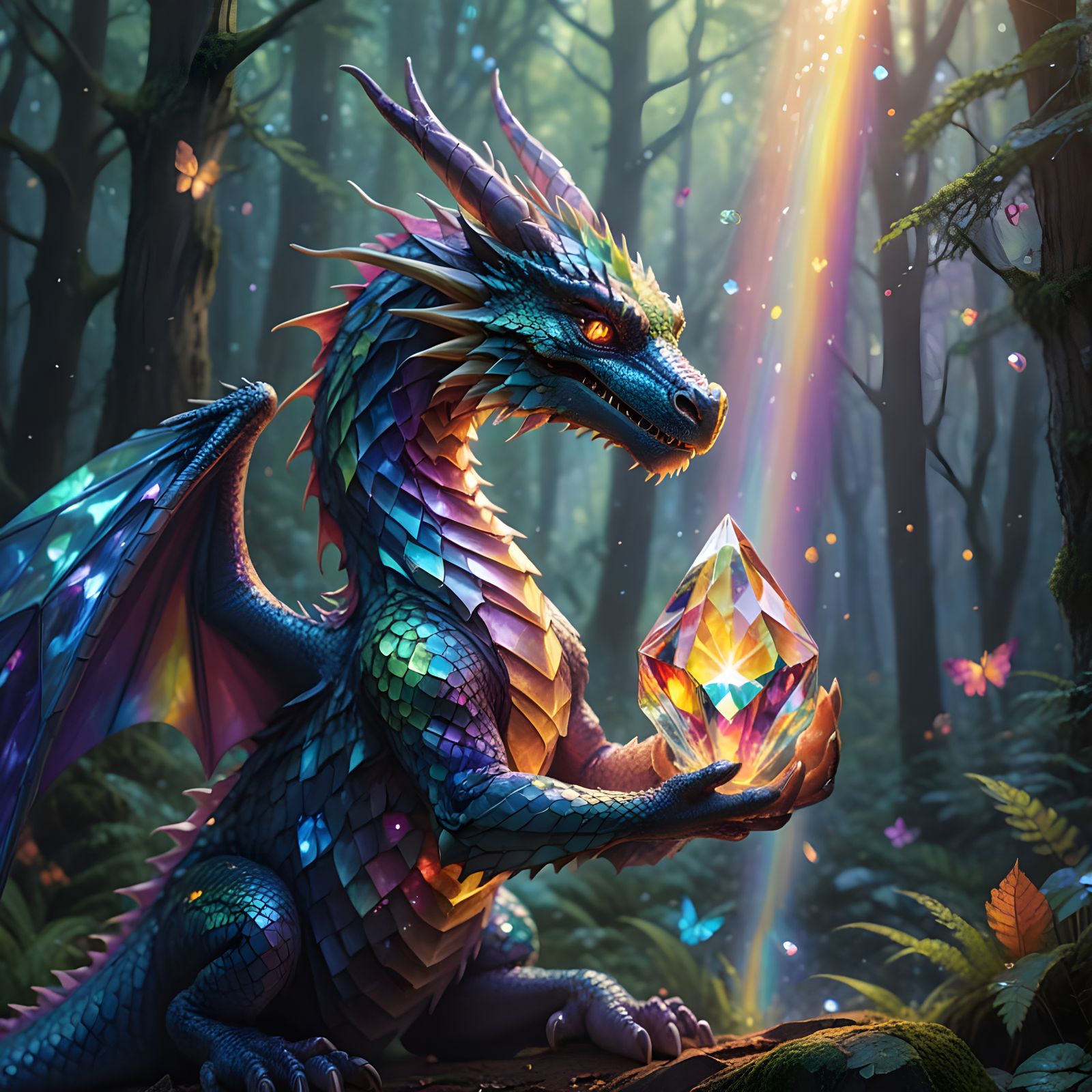 Opalescent Dragon Clutching Prism Shimmers in Rainbow Light