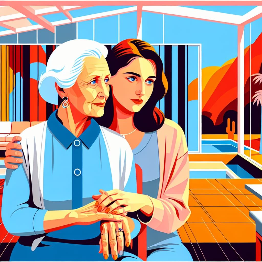 Art by David Hockney, serene portrait, lesbian couple, older and younger woman holding hands, overlooking a vibrant Cali...