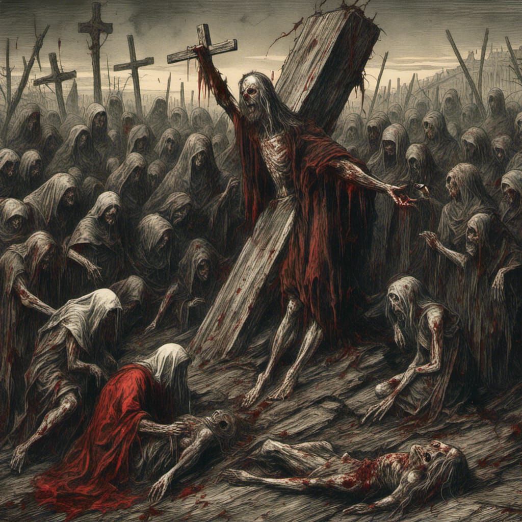 Zombie Jesus Christ on Bloody Cross in Macabre Style