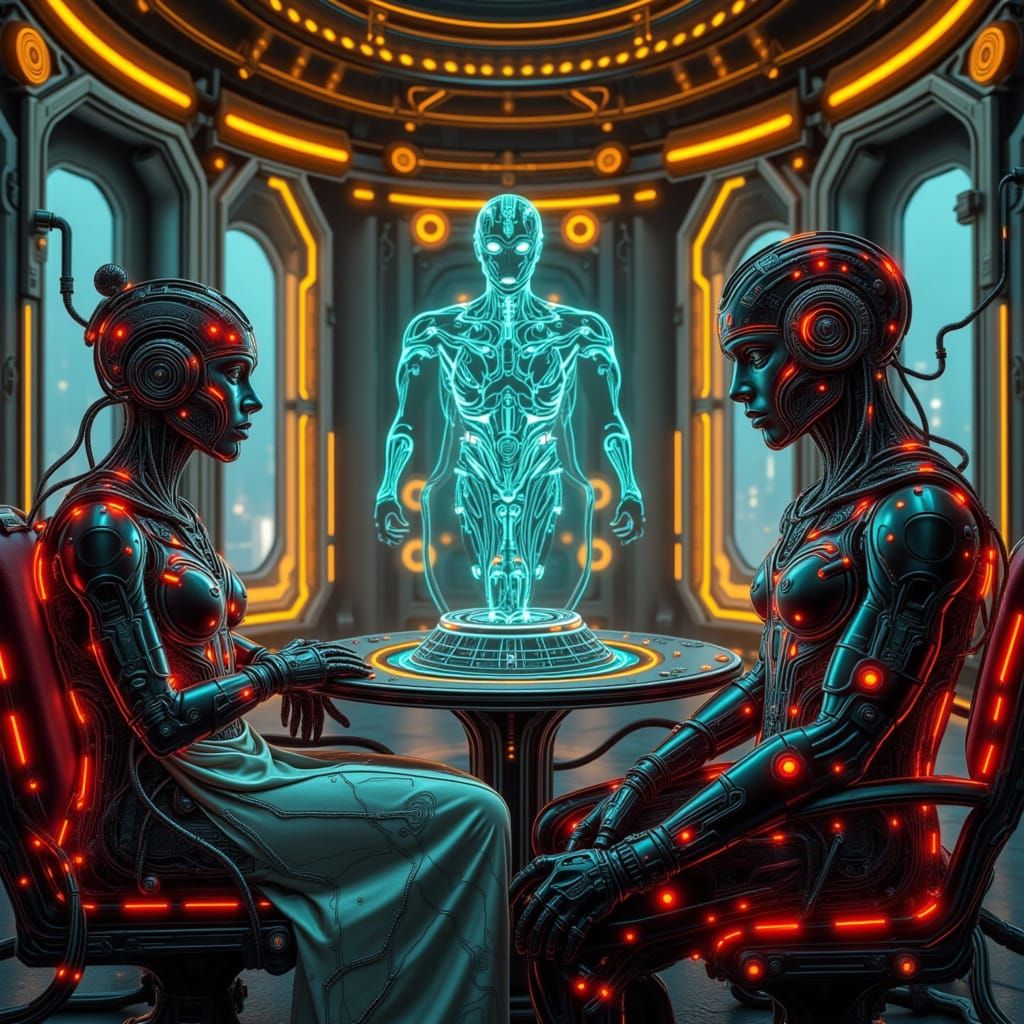 London, 2407. A king and queen in a cyberpunk version of Buckingham Palace. A royal hologram communication system is pre...