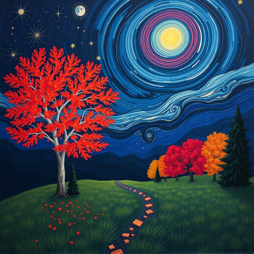 Cosmic Autumn Starry Night in De Chirico Style