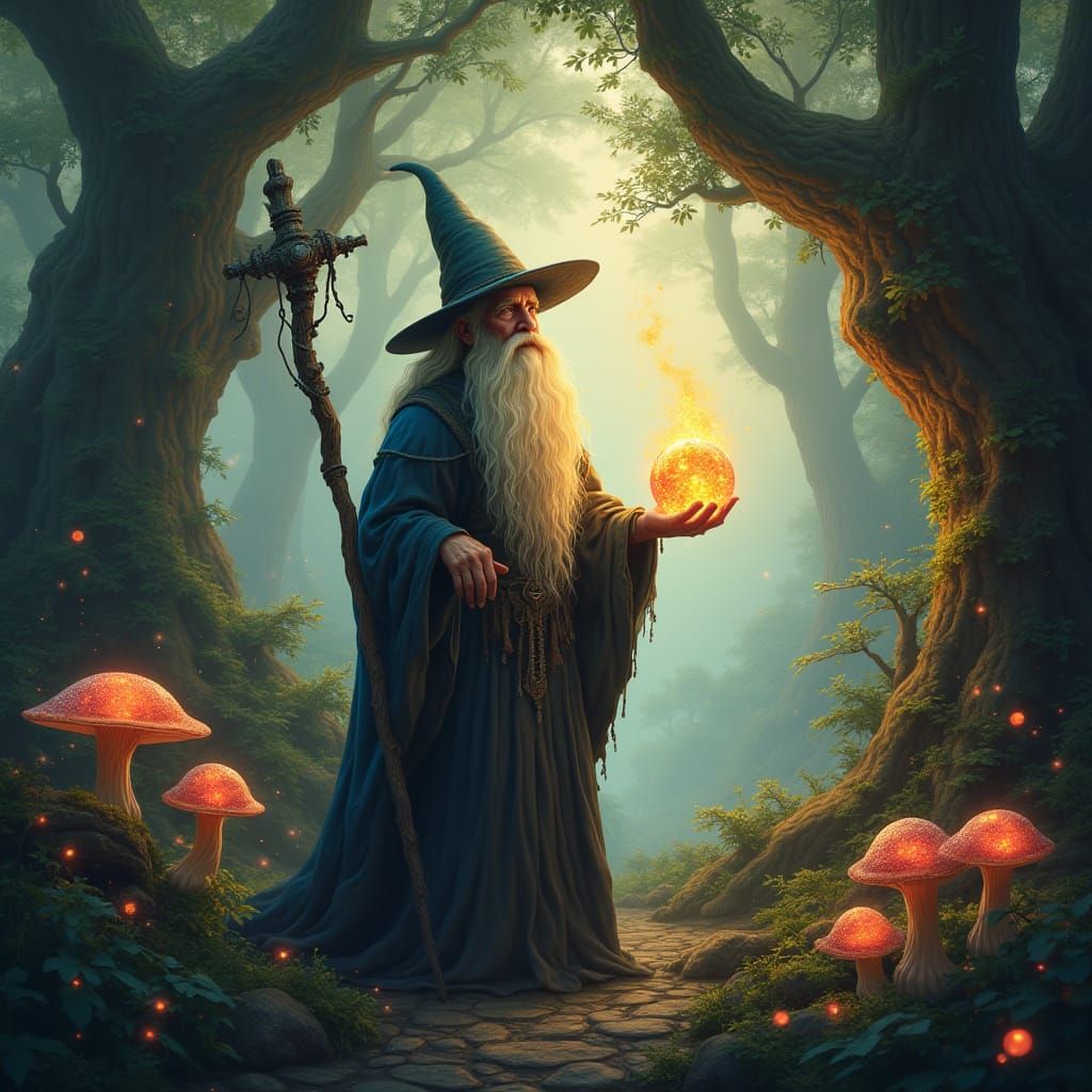Mystical Wizard in Glowing Grove: Matte Painting